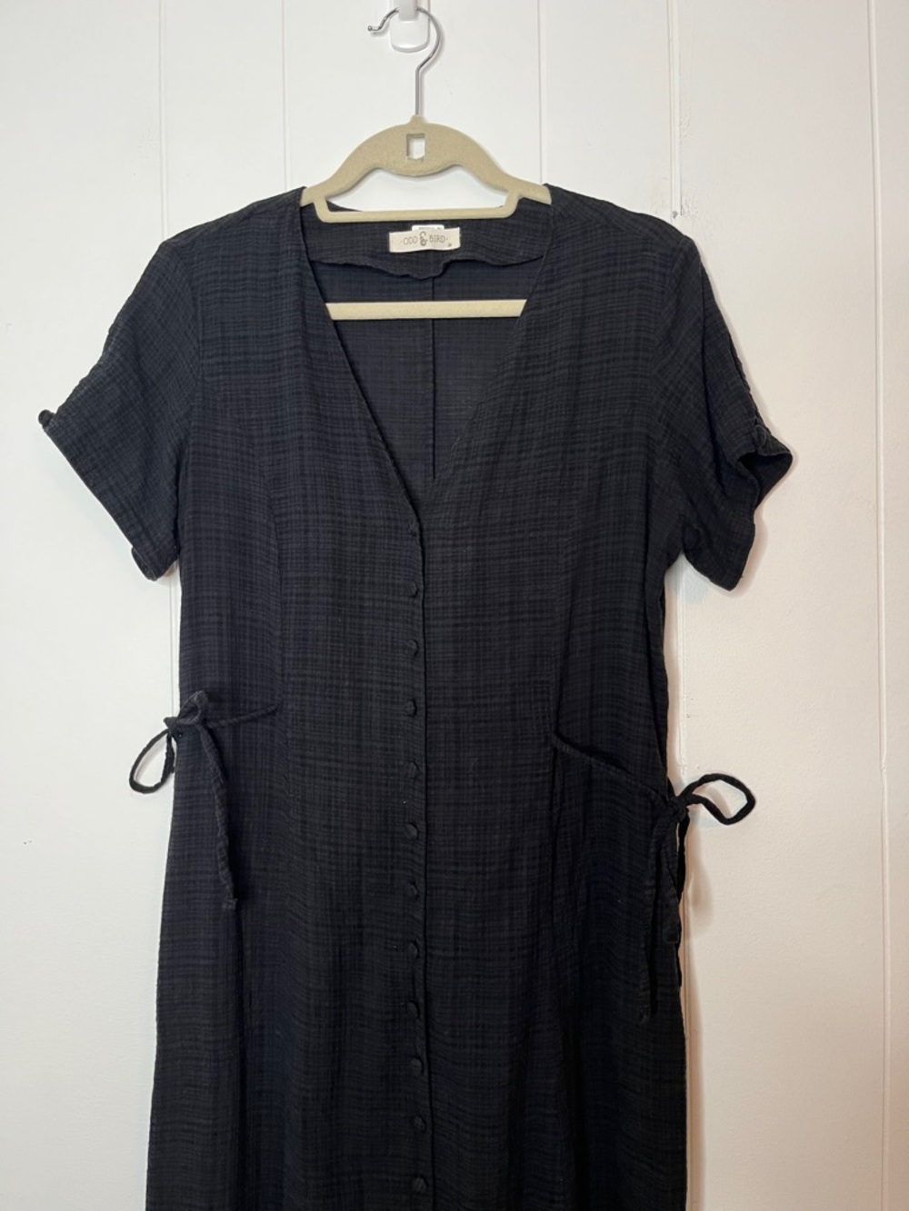Odd Bird Dilek Dress Short Sleeve Button Front Side ties Black Plaid - Picture 2 of 10